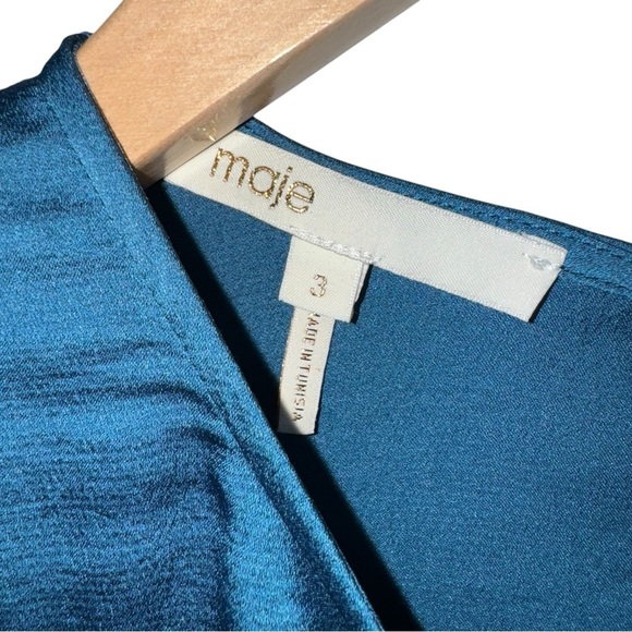 MAJE Lavana Self-Tie Crepe Blouse in Peacock Blue | Long Billow Sleeve Top Large - Picture 4 of 12